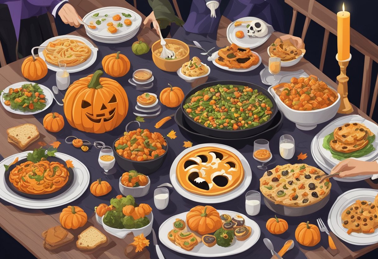 A table filled with festive, Halloween-themed dishes and decorations, surrounded by friends and family in costumes