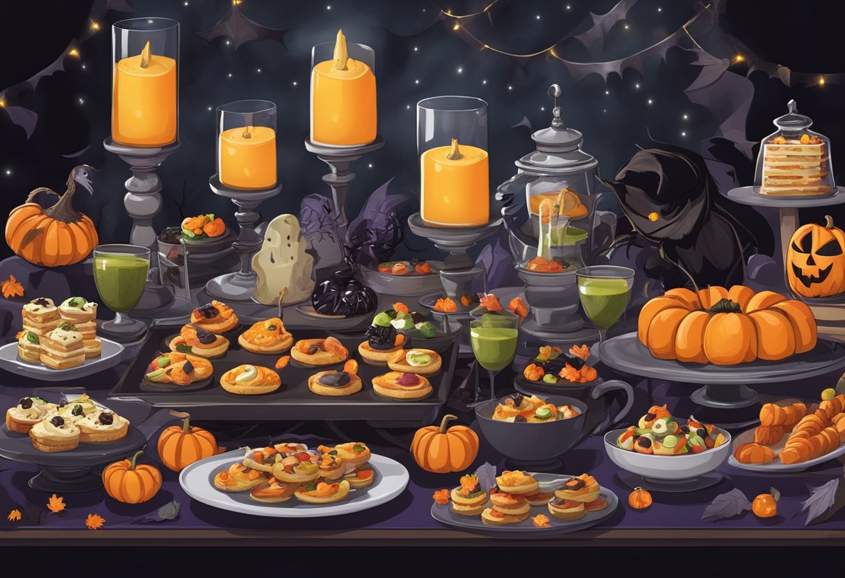 A table filled with spooky-themed appetizers and desserts, surrounded by Halloween decorations and dim lighting