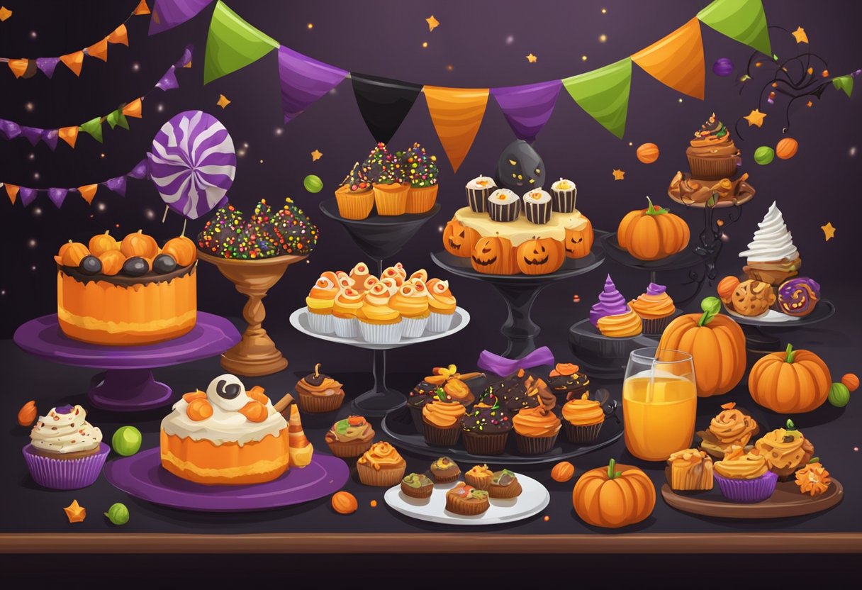 A table filled with Halloween-themed sweet treats and desserts, including cupcakes, cookies, and candy apples, surrounded by festive decorations