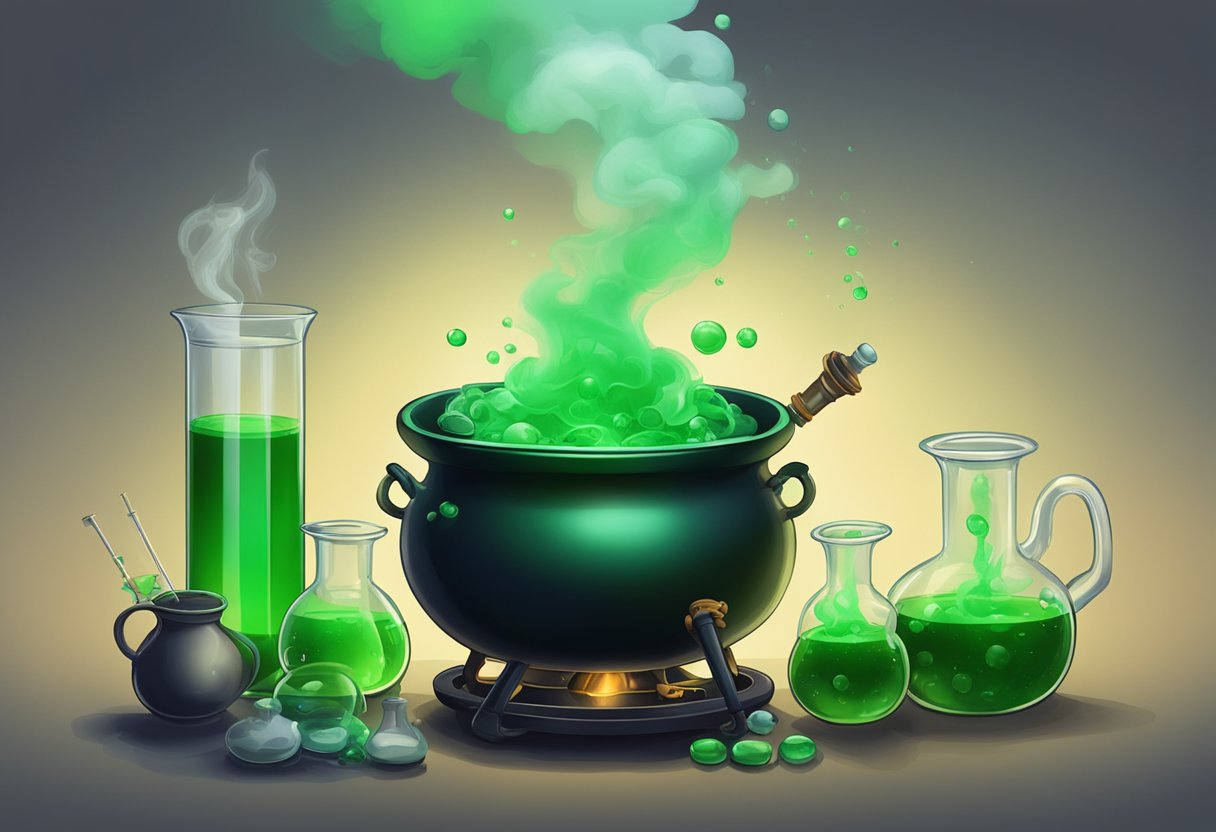 A cauldron bubbling with eerie green liquid, surrounded by smoking beakers and mysterious vials on a dark, shadowy table