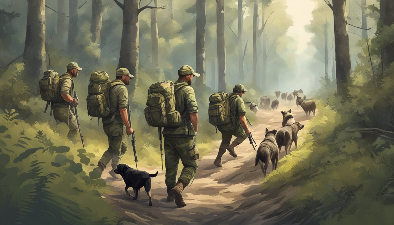 A group of hunters in camouflage gear, carrying rifles and accompanied by hunting dogs, trek through a dense forest in search of wild hogs