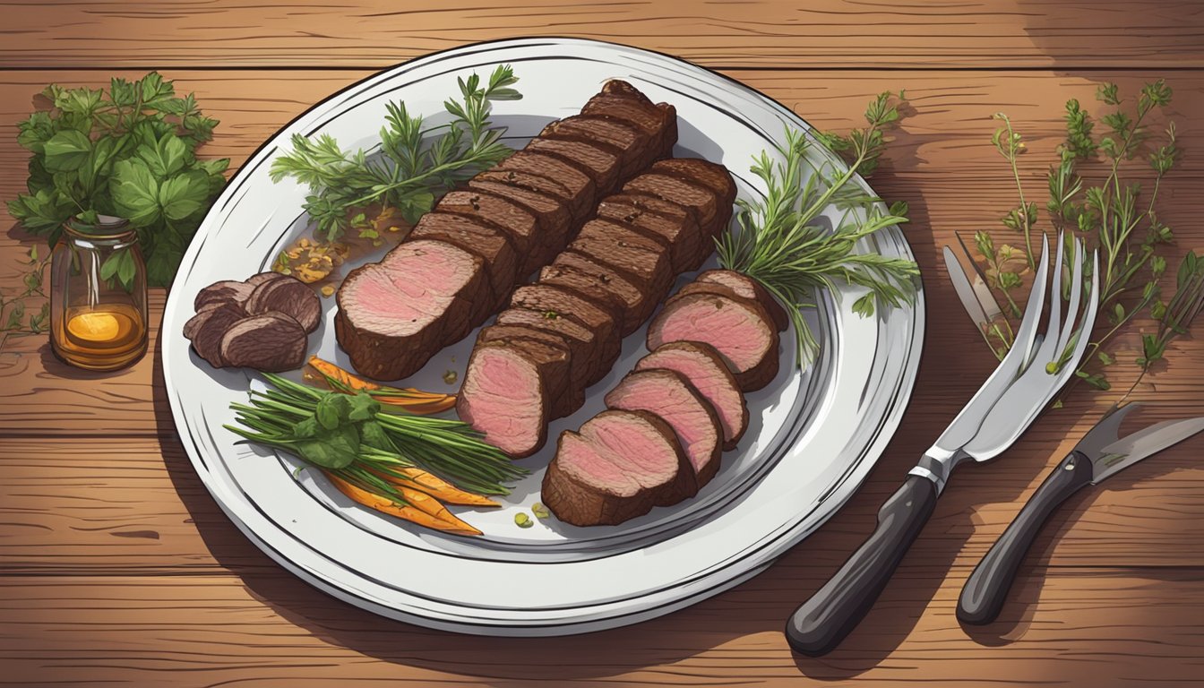 A rustic wooden table with a plate of grilled deer backstrap, surrounded by herbs and seasonings, with a knife and fork resting nearby