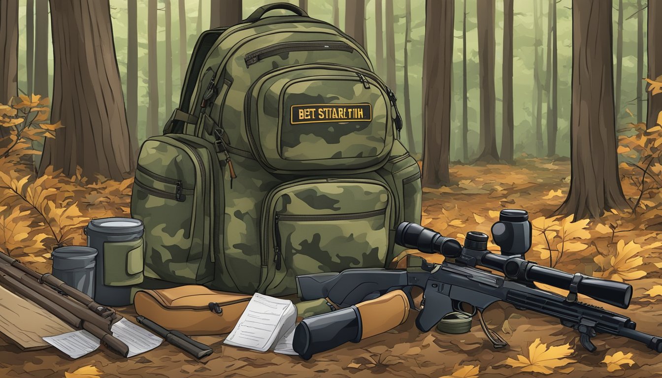 A hunter's backpack, rifle, and camouflage gear in a wooded area with a sign indicating "Best States for Hog Hunting."