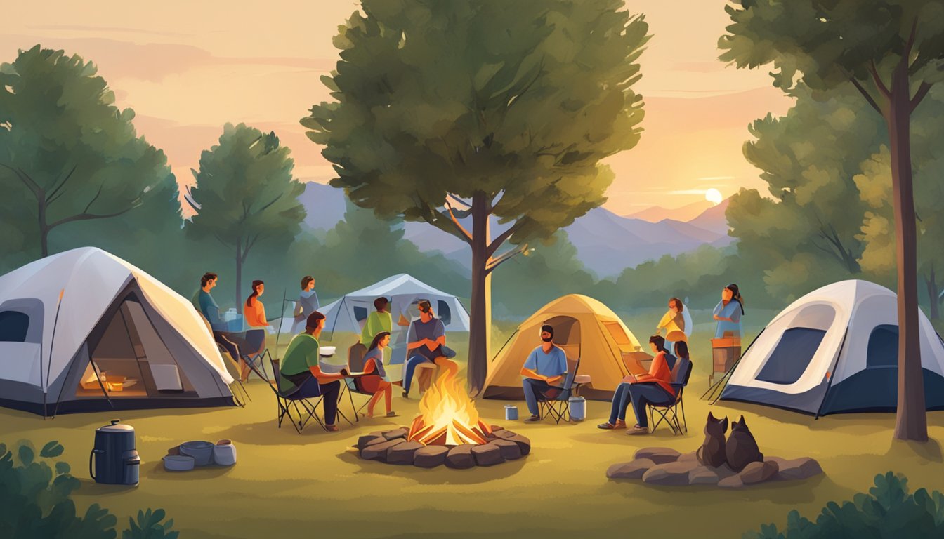 A group of tents surrounded by a campfire, with families gathered around, cooking, playing, and enjoying the outdoors in a Texas campground