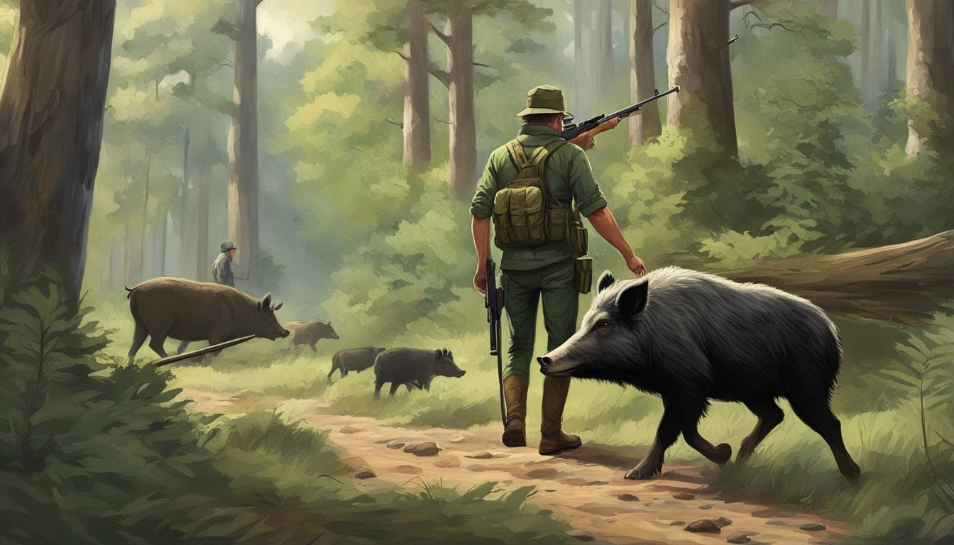 A hunter silently tracking through dense forest, rifle in hand, as wild hogs roam in the distance