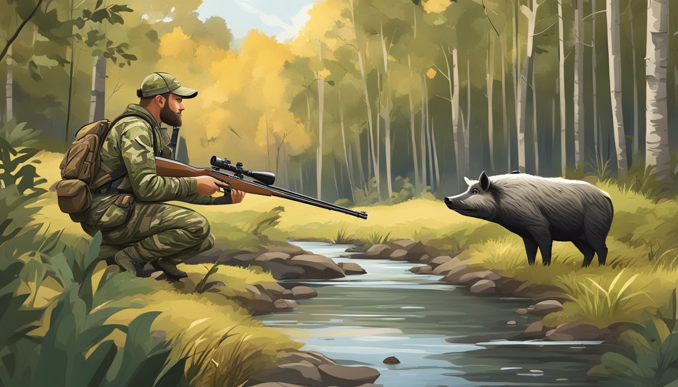 A hunter in a camouflage outfit aims a rifle at a wild hog in a wooded area. The hog is grazing near a stream