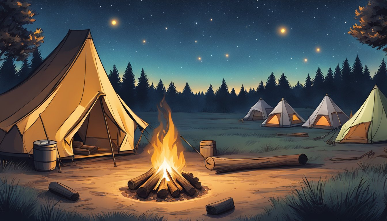 A campfire surrounded by tents under a starry Texas sky