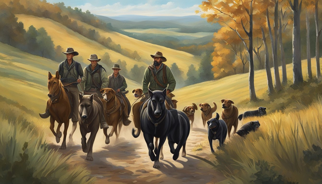 A group of hunters and their dogs trek through a wooded area, surrounded by rolling hills and farmland. Wild hogs roam freely, and the hunters carefully navigate the terrain, searching for their prey