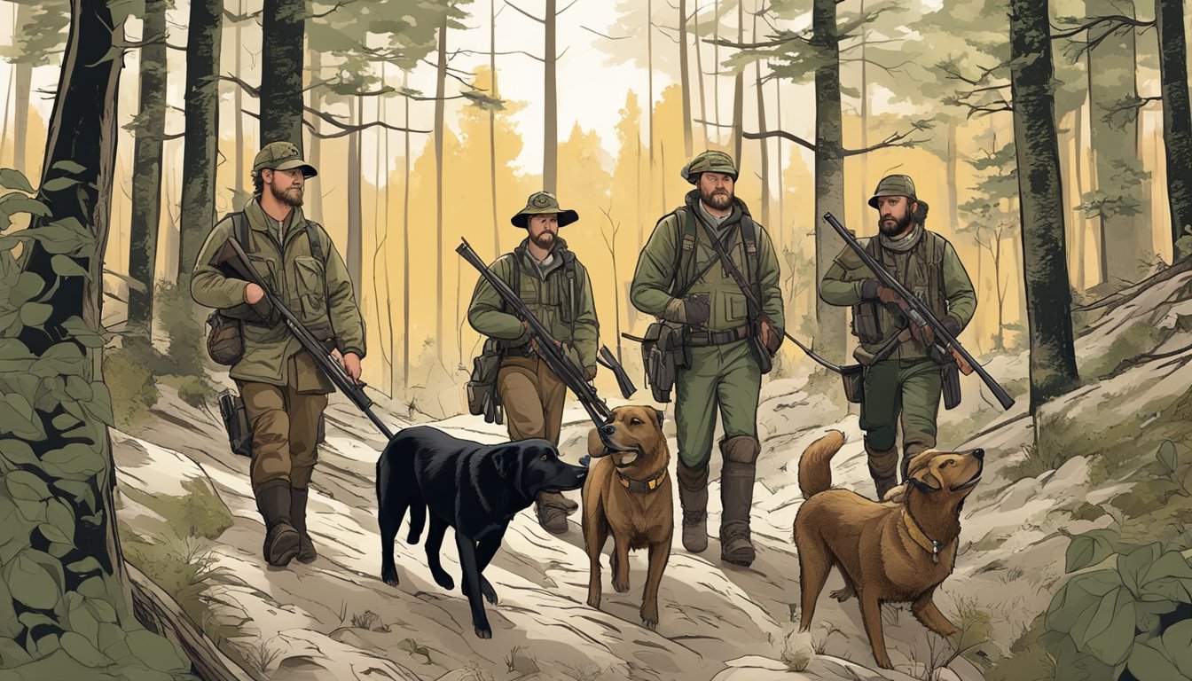 A group of hunters with dogs tracking hogs in a dense forest, with state-specific hunting resources and organizations logos displayed on their gear