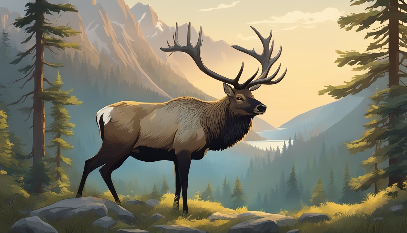 A majestic elk stands in a lush forest clearing, surrounded by tall trees and rugged terrain, with mountains in the distance