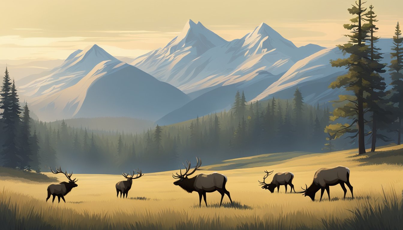 A group of elk grazing in a vast, open meadow surrounded by towering mountains and dense forests