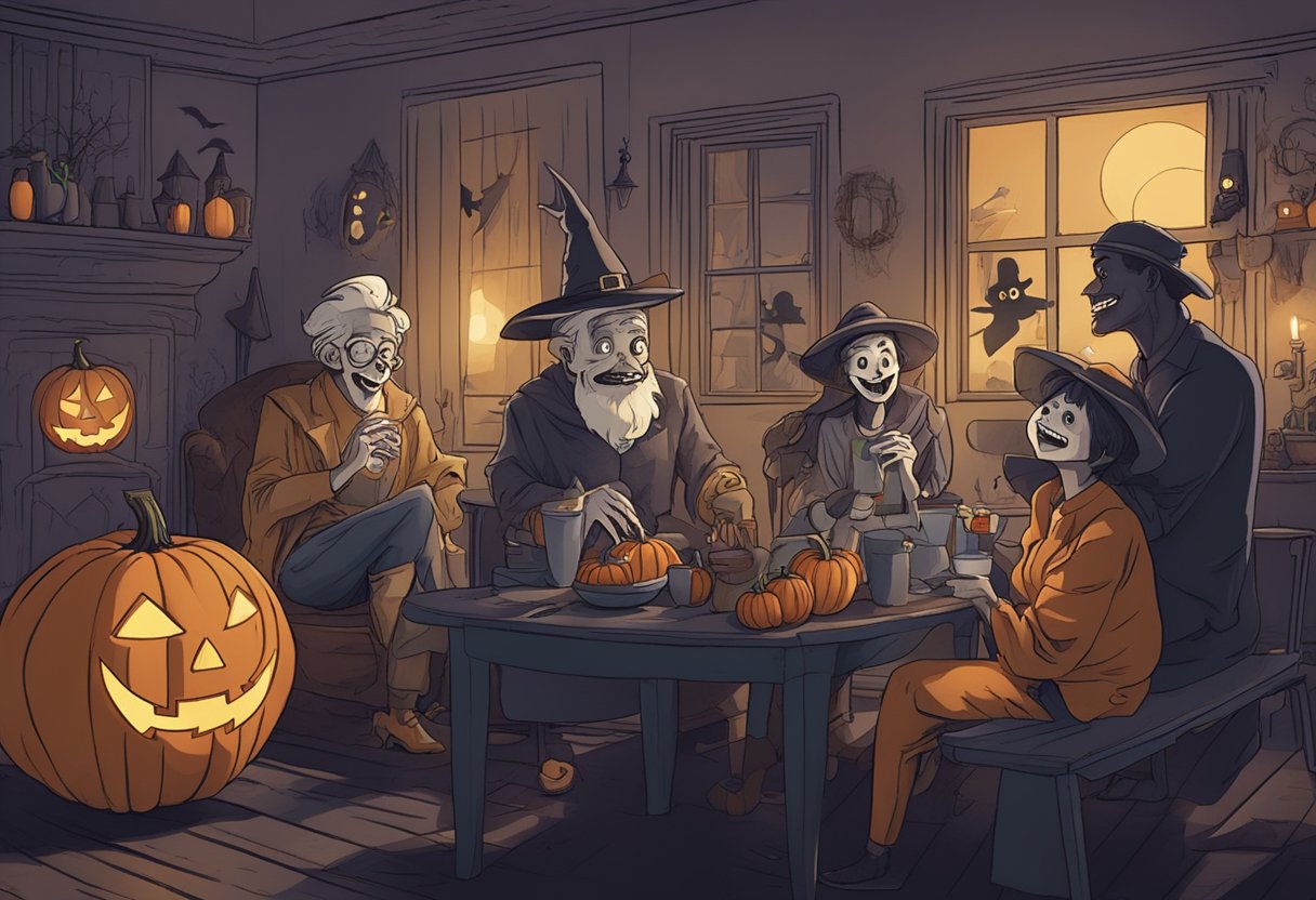 A dimly lit room with spooky decor and a group of adults laughing while telling Halloween jokes