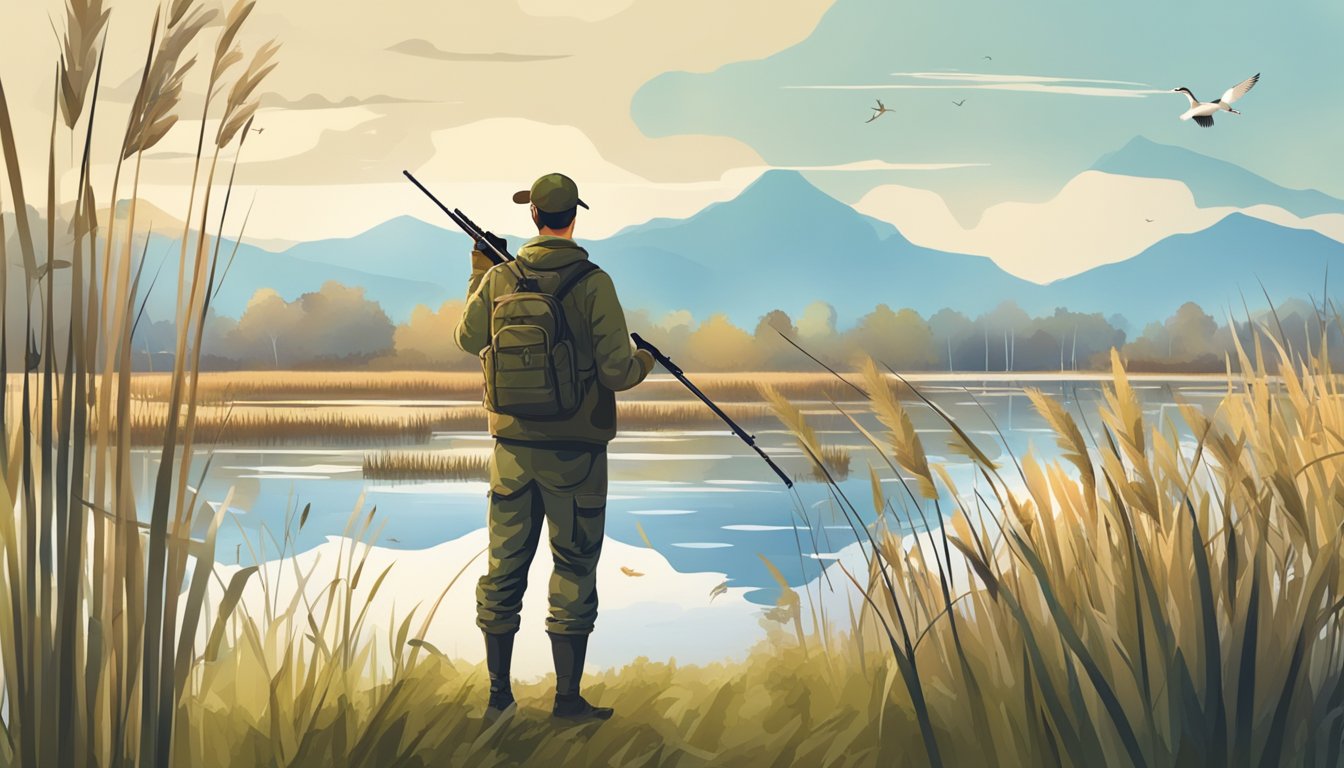 A hunter in camouflage aims a smartphone at the sky, surrounded by reeds and marshland. A duck hunting app is open on the screen, displaying a map and weather conditions