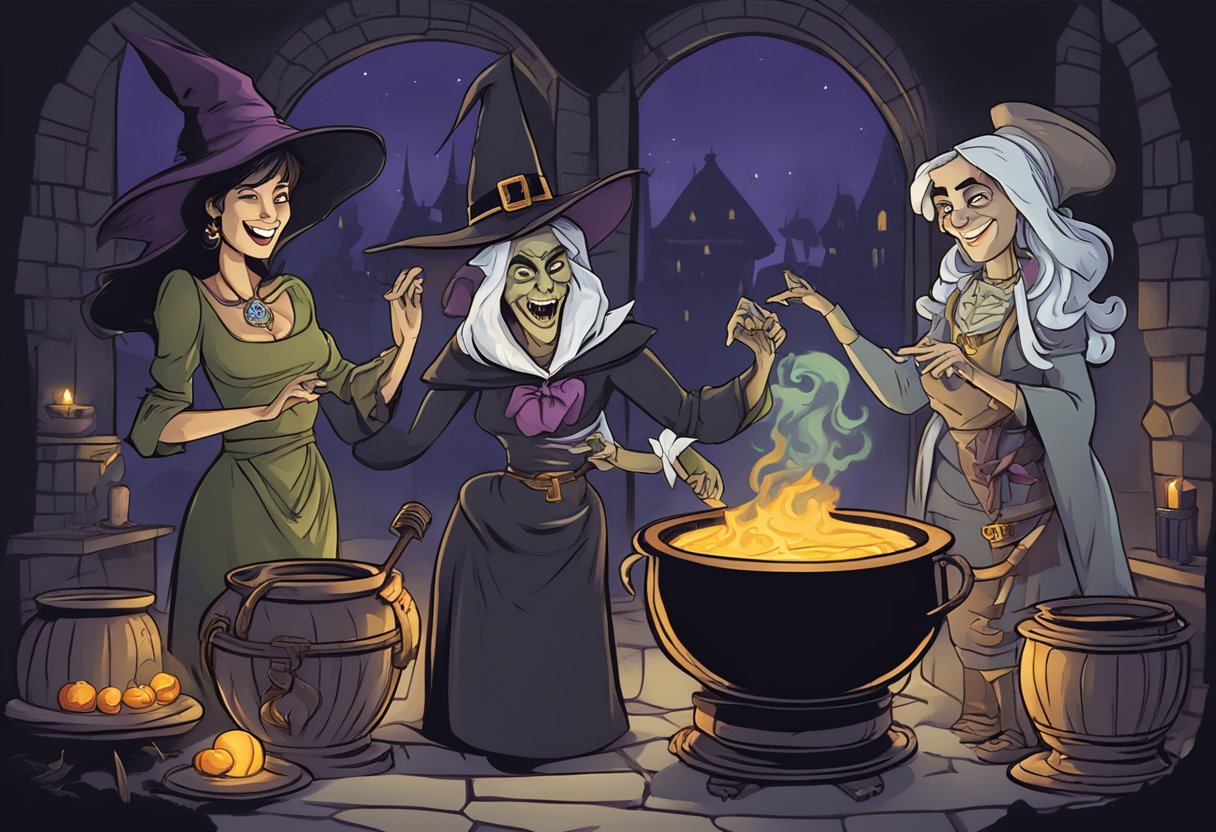 A vampire, witch, and mummy tell adult jokes around a cauldron