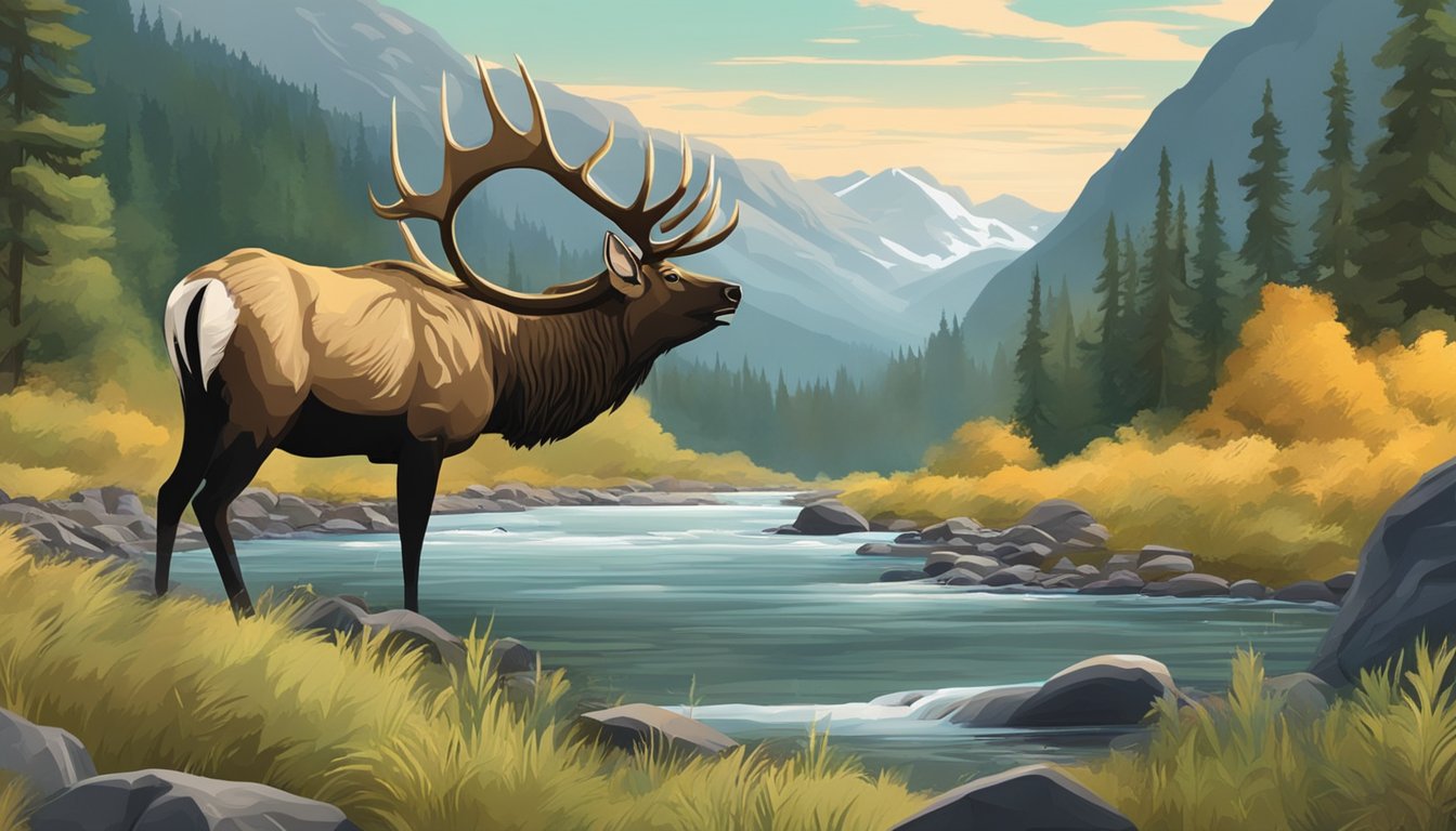 Elk grazing in a lush, mountainous landscape with a flowing river and dense forest in the background