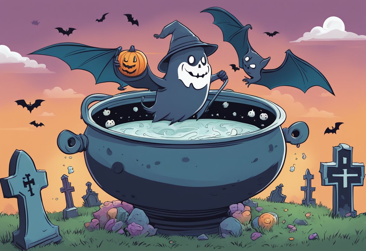 A cauldron bubbling with laughter, bats telling puns, and a ghostly figure chuckling at a graveyard full of wordplay