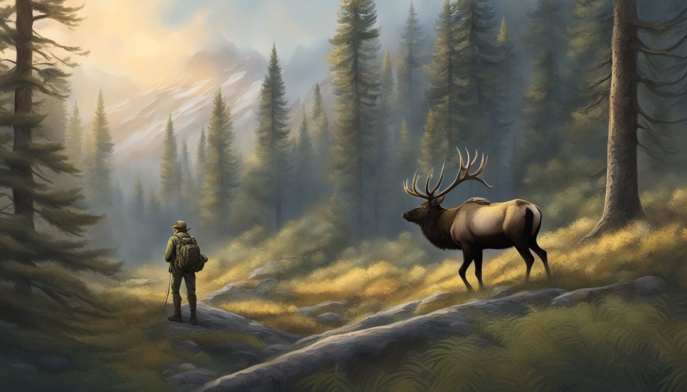 A hunter tracking through a dense forest, bow in hand, with a majestic elk in the distance