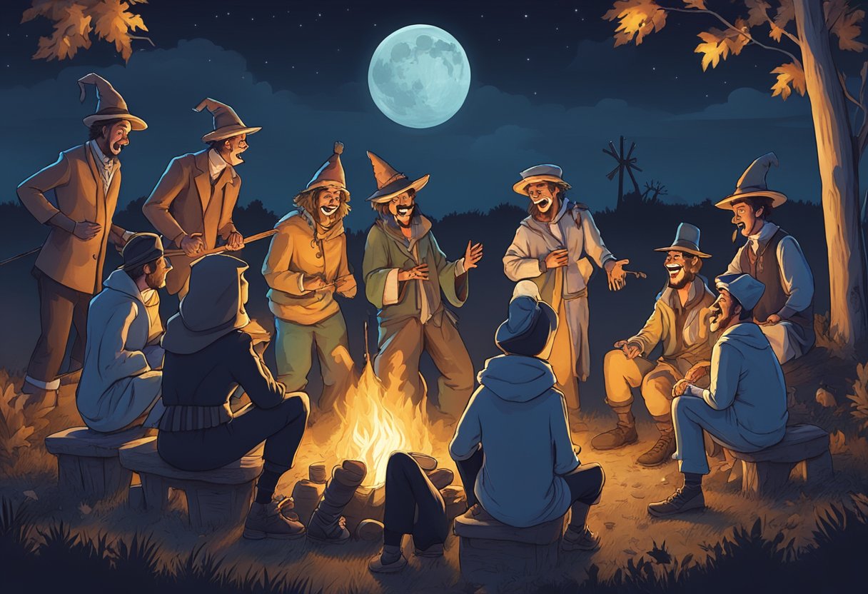 A group of costumed adults gather around a bonfire, laughing and telling Halloween jokes under the moonlit sky