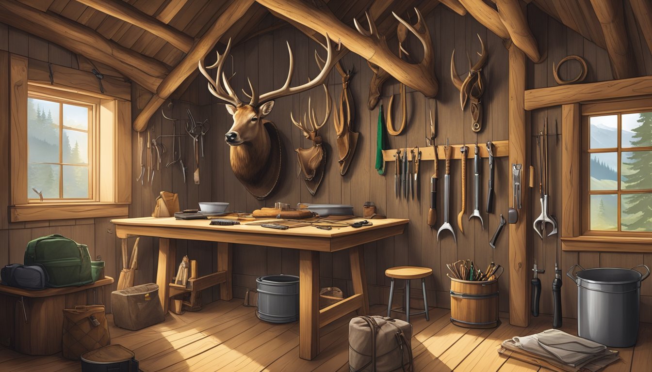 A hunter hangs elk antlers on a wall-mounted board in a rustic cabin, surrounded by hunting gear and processing tools