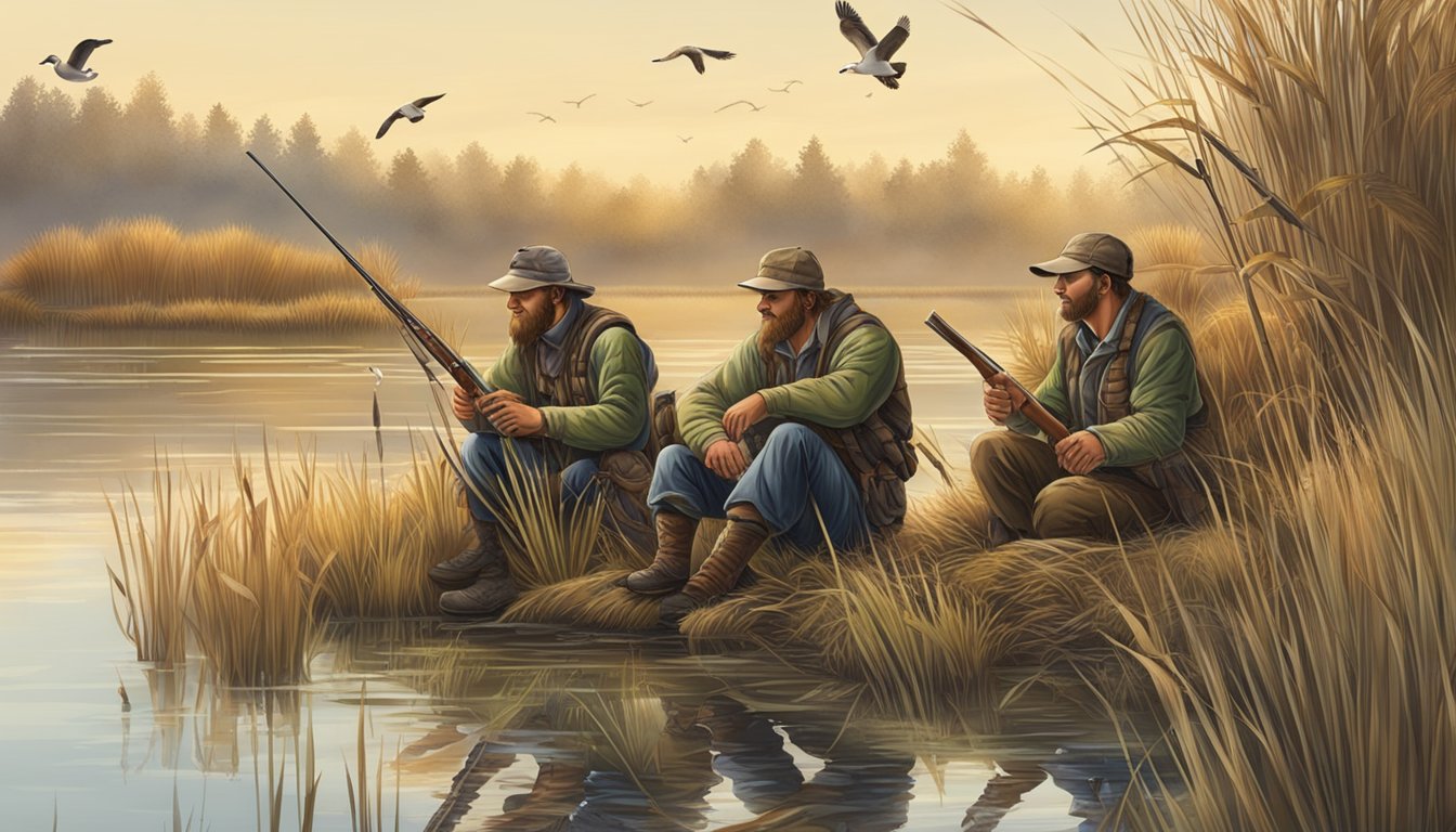 A group of hunters gather by a tranquil lake, surrounded by reeds and tall grass. They are using duck calls and decoys to attract the birds