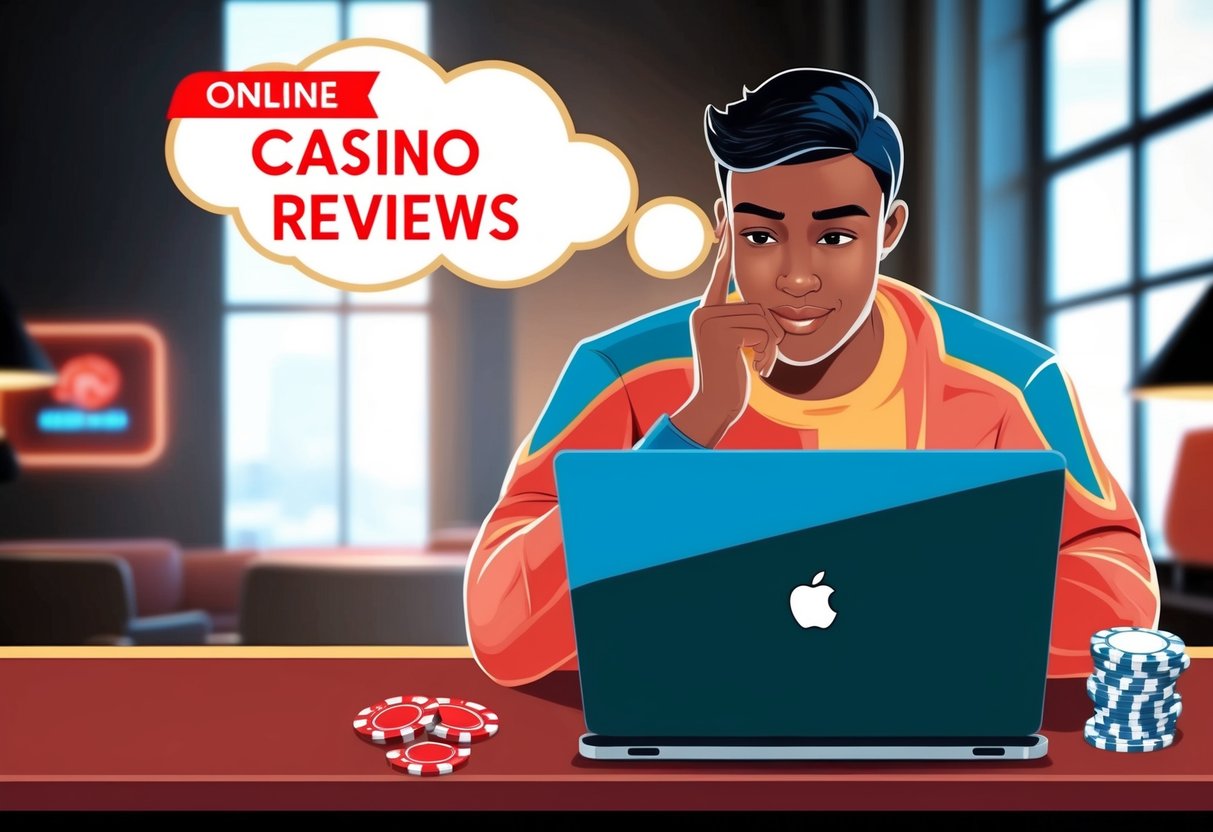 A person reading reviews on online casinos on a laptop with a thoughtful expression