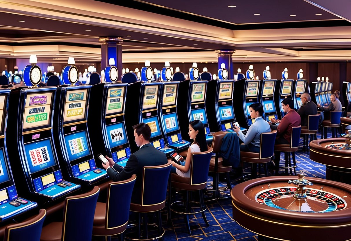 An animated casino floor with rows of slot machines, card tables, and a roulette. Customers eagerly read reviews on their phones before choosing a game.