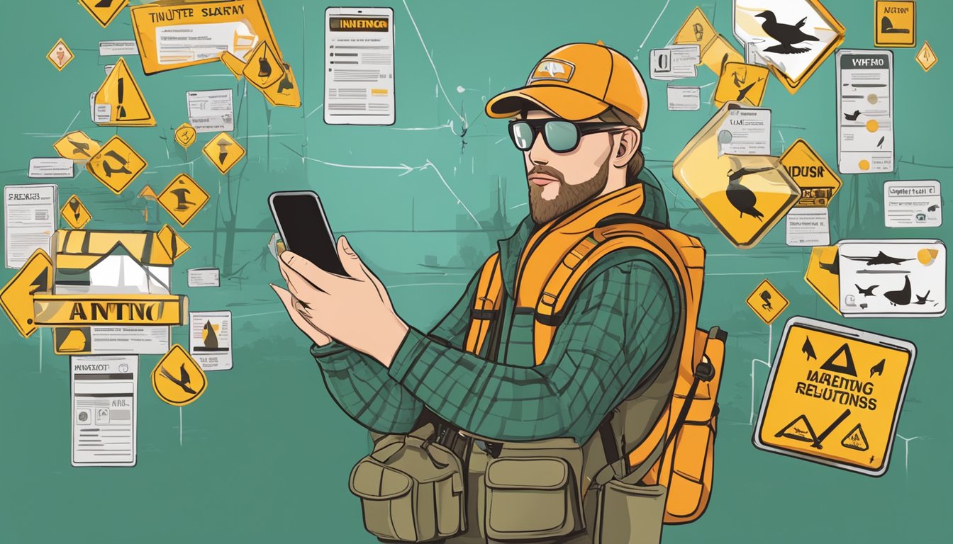 A hunter holding a smartphone with a duck hunting app open, while surrounded by safety regulations and warning signs