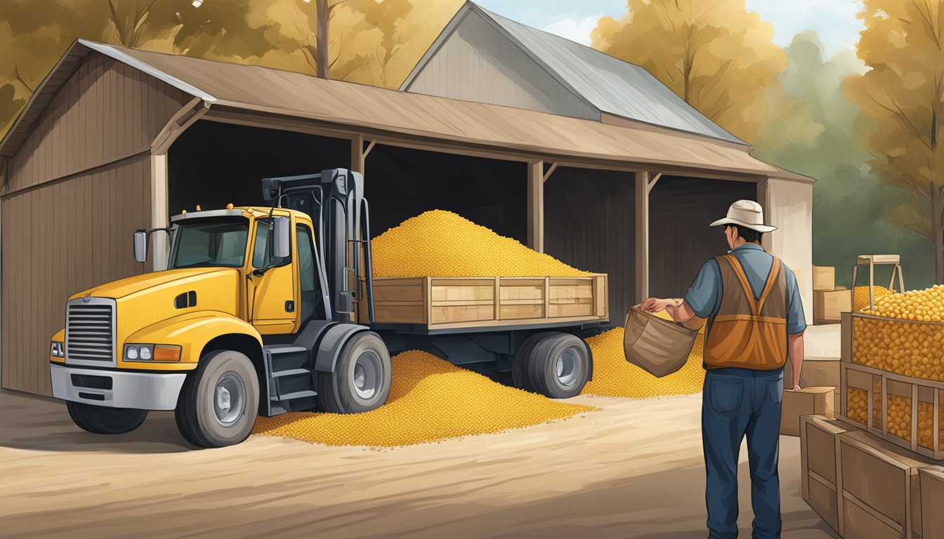 A farmer unloading bags of deer corn from a truck into a storage shed