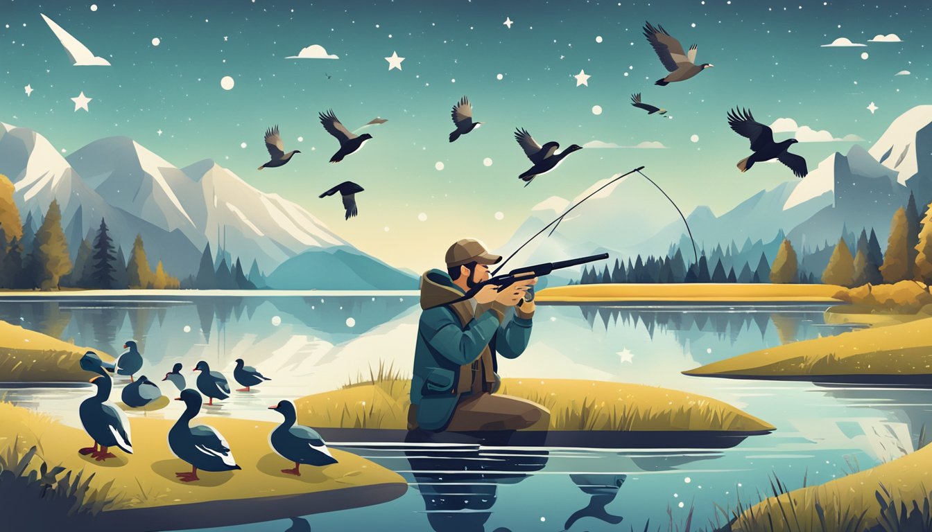 A hunter aiming at ducks with a smartphone, surrounded by app icons and review stars