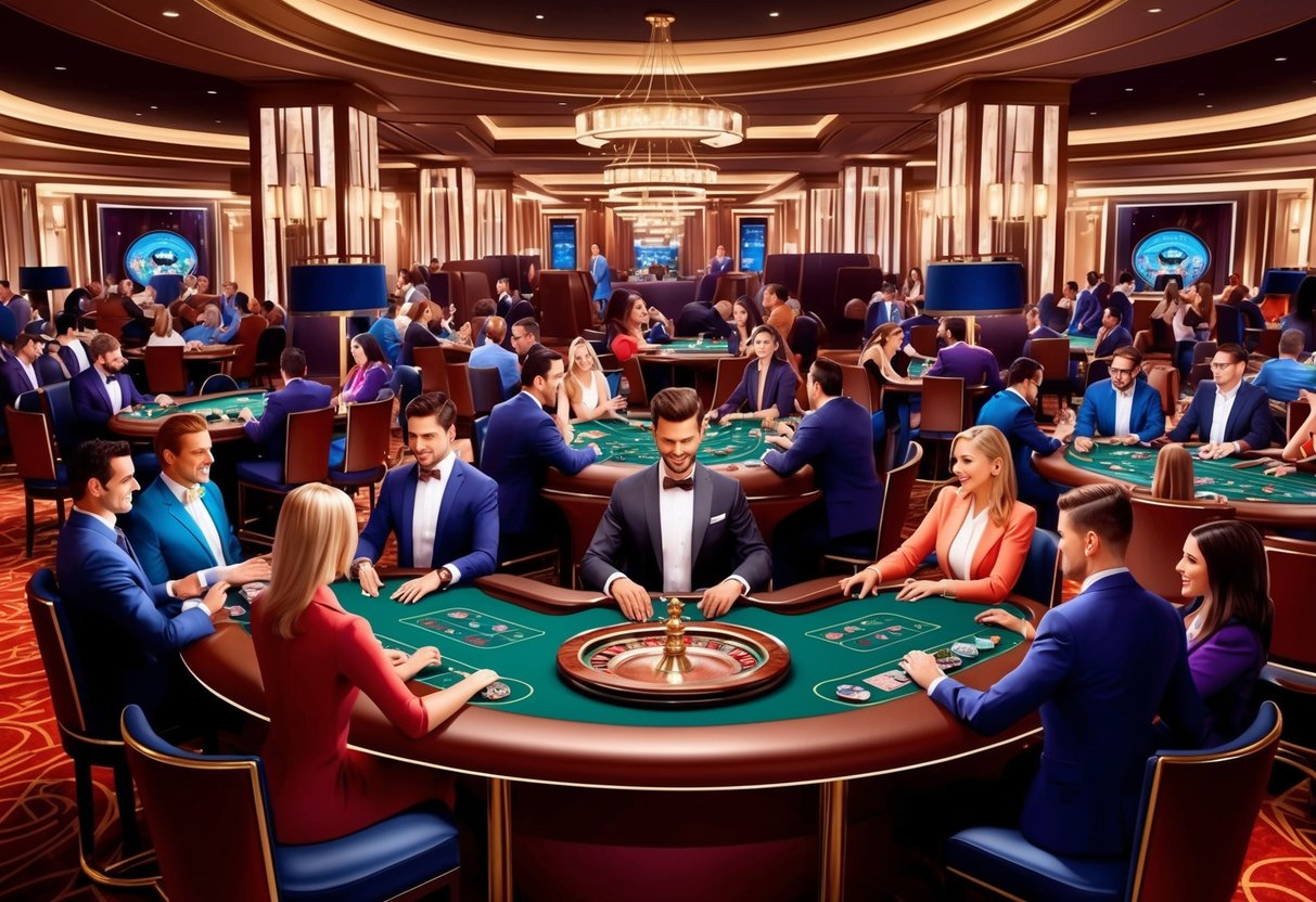 A live casino scene animated with dealers, with players engaged in immersive gameplay, surrounded by elegant gaming tables and a sophisticated atmosphere.