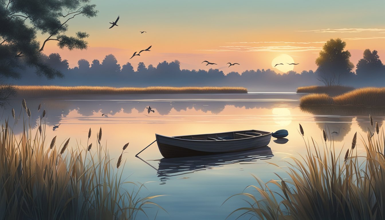 A serene lake at dawn, surrounded by tall grass and cattails. A hunter's boat is anchored nearby, and a flock of ducks takes flight in the distance