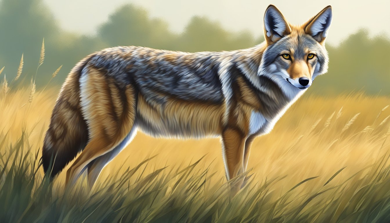 A coyote prowls through a grassy field, ears alert and eyes scanning the horizon. Nearby, a small cluster of trees provides cover for potential prey