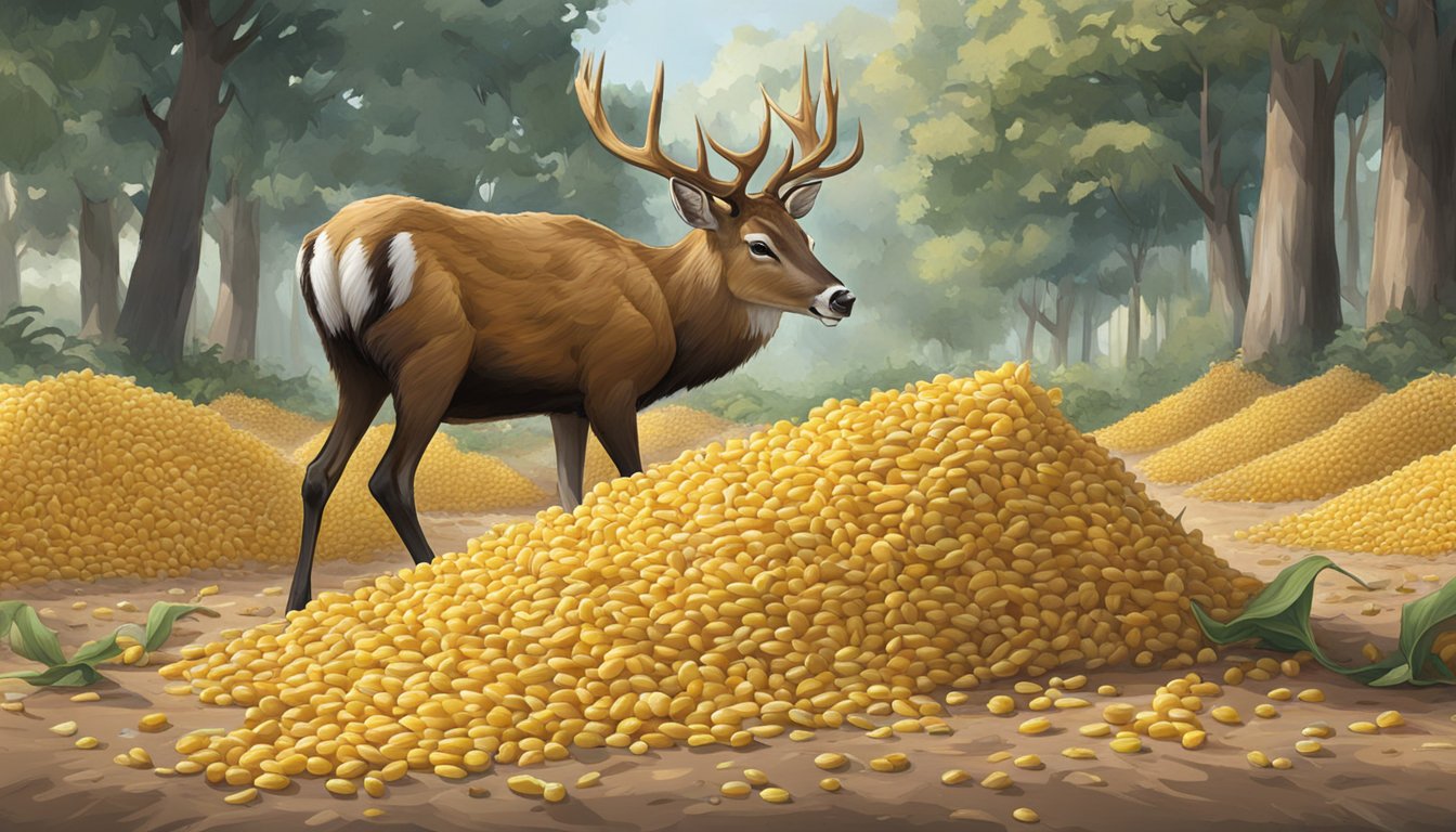 A pile of corn scattered on the ground, with a deer cautiously approaching to feed