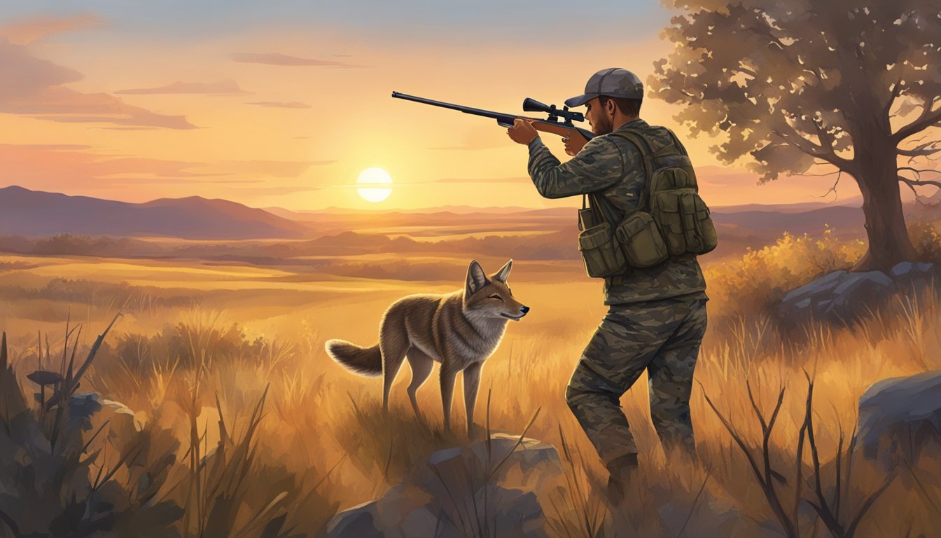 A hunter in camouflage aiming a rifle at a coyote in a rural landscape at sunset