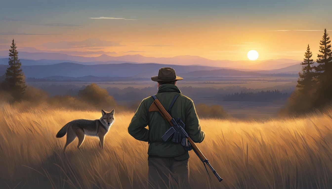 A hunter with a rifle in a field at dusk, watching a pack of coyotes in the distance