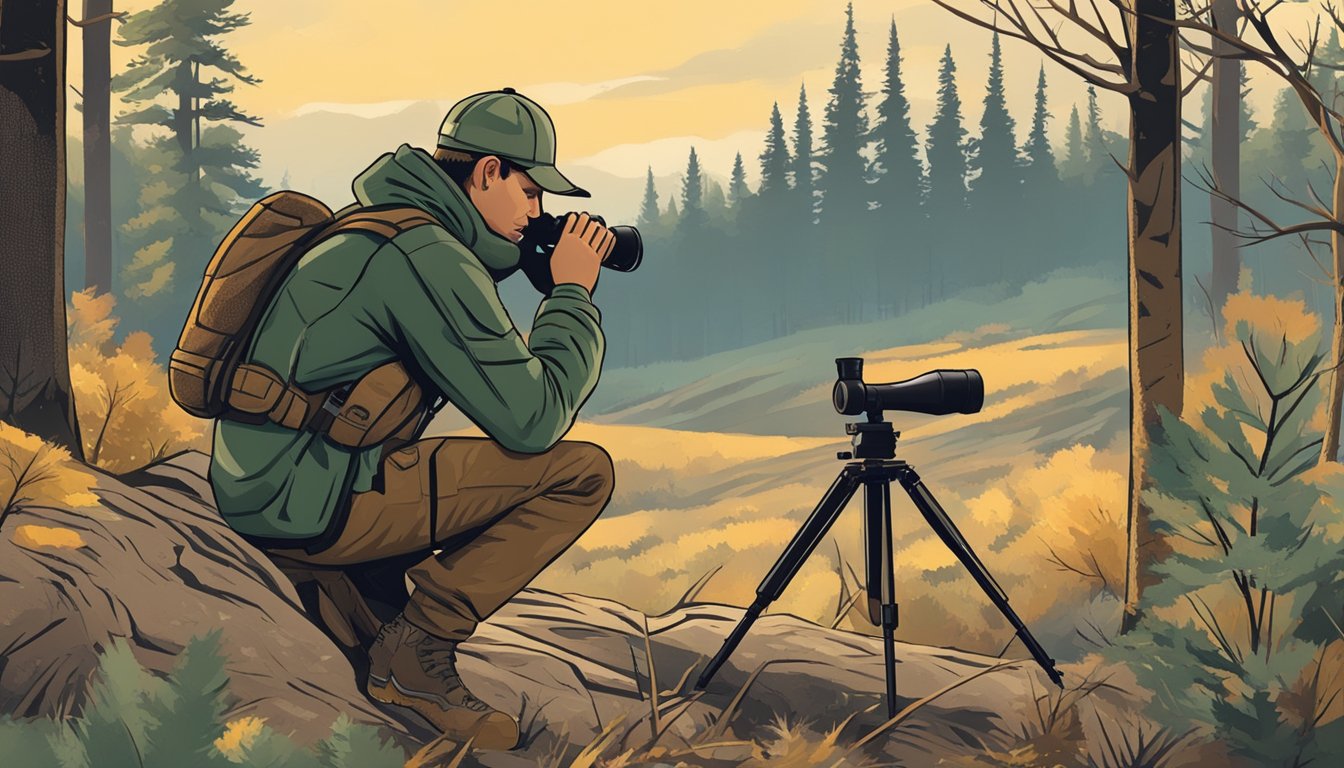 A hunter sets up gear in a forest clearing, scanning the landscape with binoculars for coyote hunting