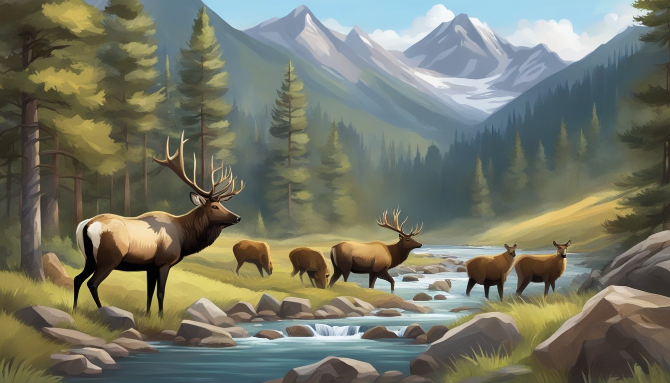 A rugged mountain landscape with a clear stream, pine trees, and a variety of big game animals such as elk, deer, and bears