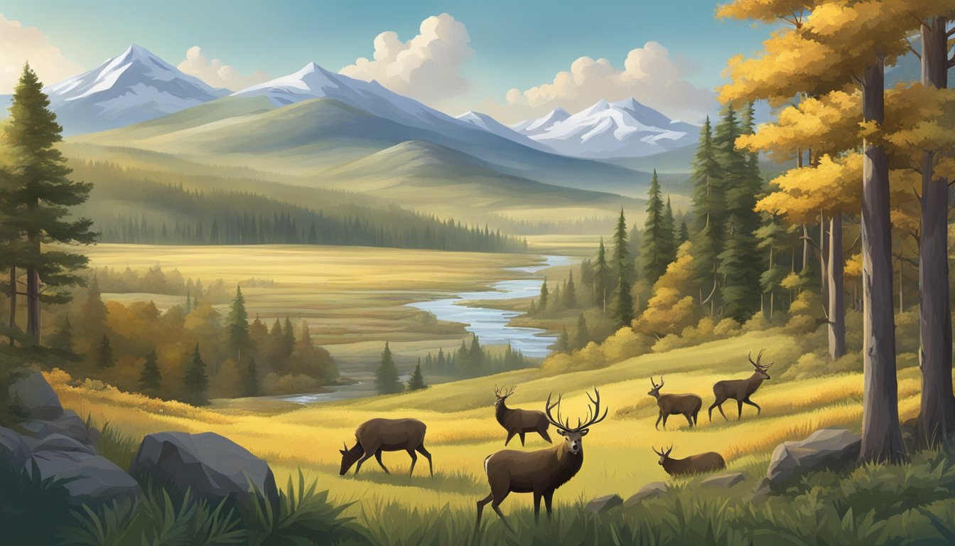 A vast mountainous landscape with dense forests and open plains, featuring deer, elk, and bear roaming freely