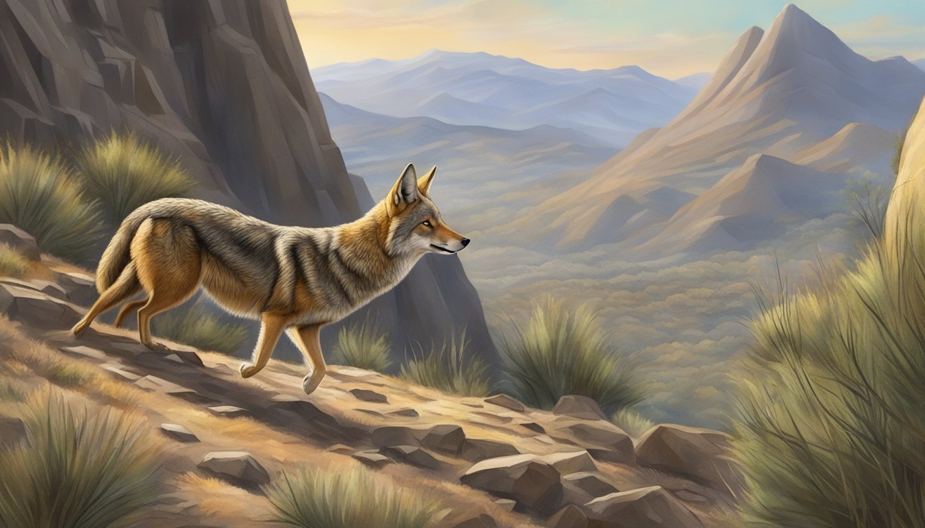 Coyote hunting in a rugged, mountainous terrain with dense vegetation and rocky outcrops