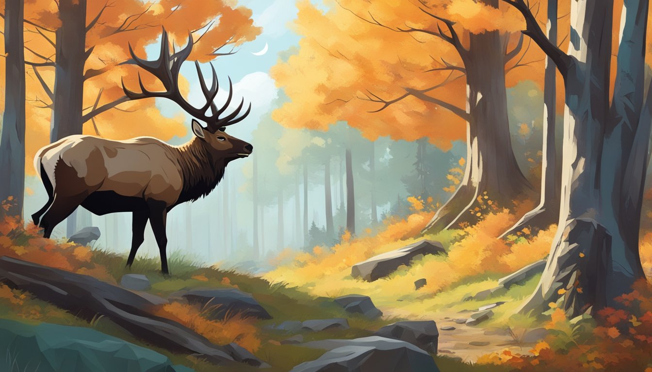 A lush forest with vibrant autumn foliage, a majestic elk grazing in a clearing, and a hunter patiently waiting in a tree stand