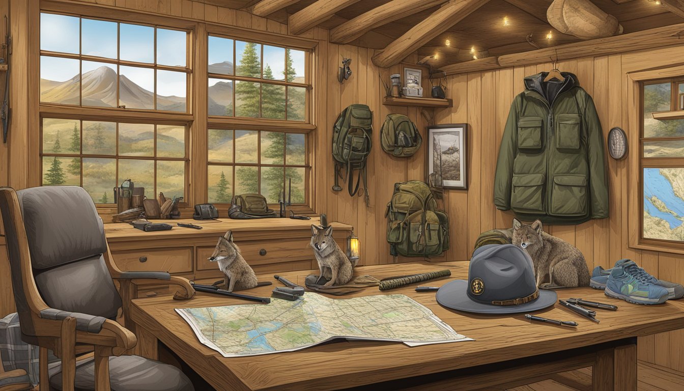 A coyote trophy displayed in a hunting lodge, surrounded by hunting gear and maps of the best hunting areas