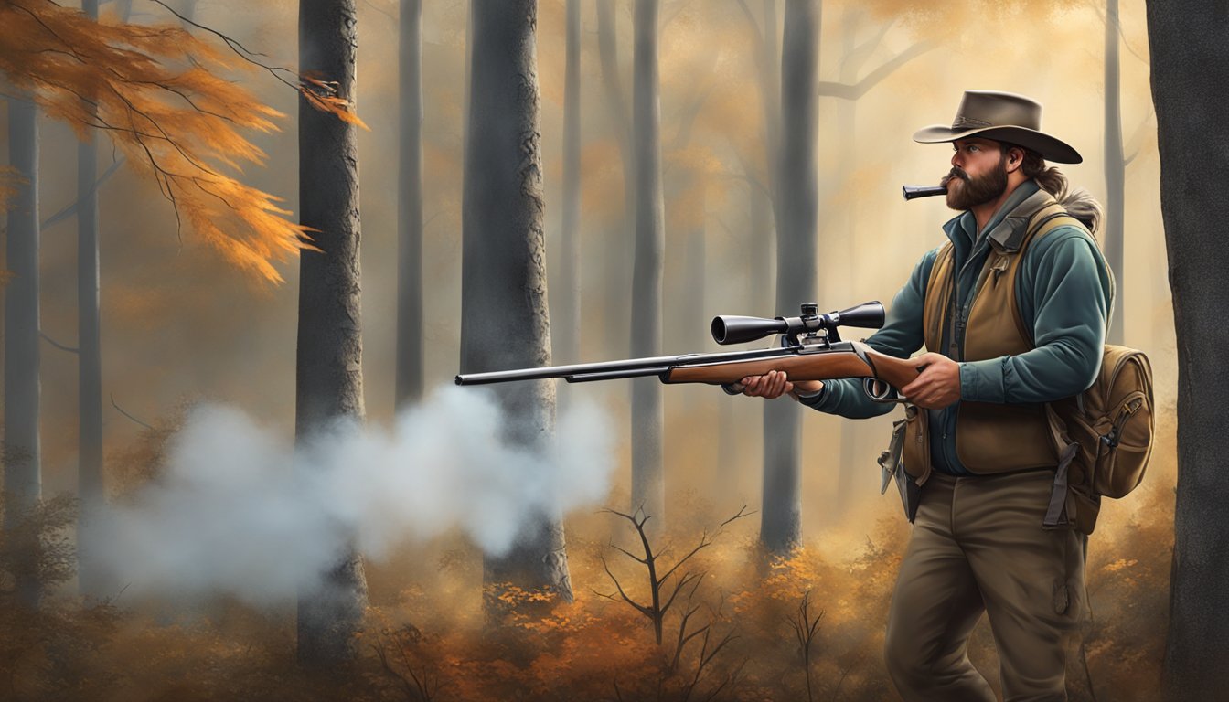 A muzzleloader hunter aims at a deer in a wooded setting, with a plume of smoke emerging from the muzzle