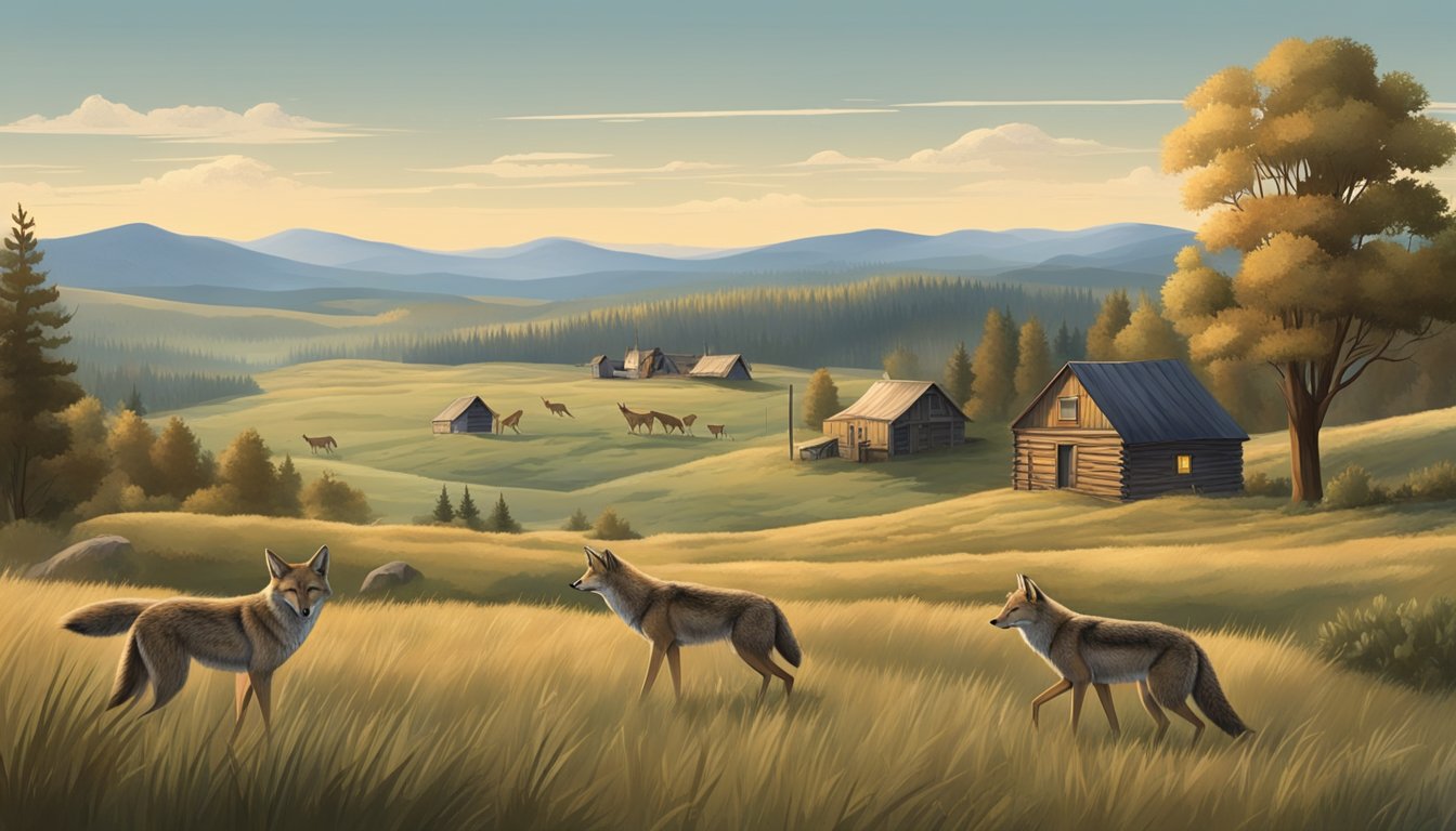 A group of coyotes roam freely in a rural landscape, surrounded by rolling hills and dense forests. A hunter's cabin and a small town are visible in the distance