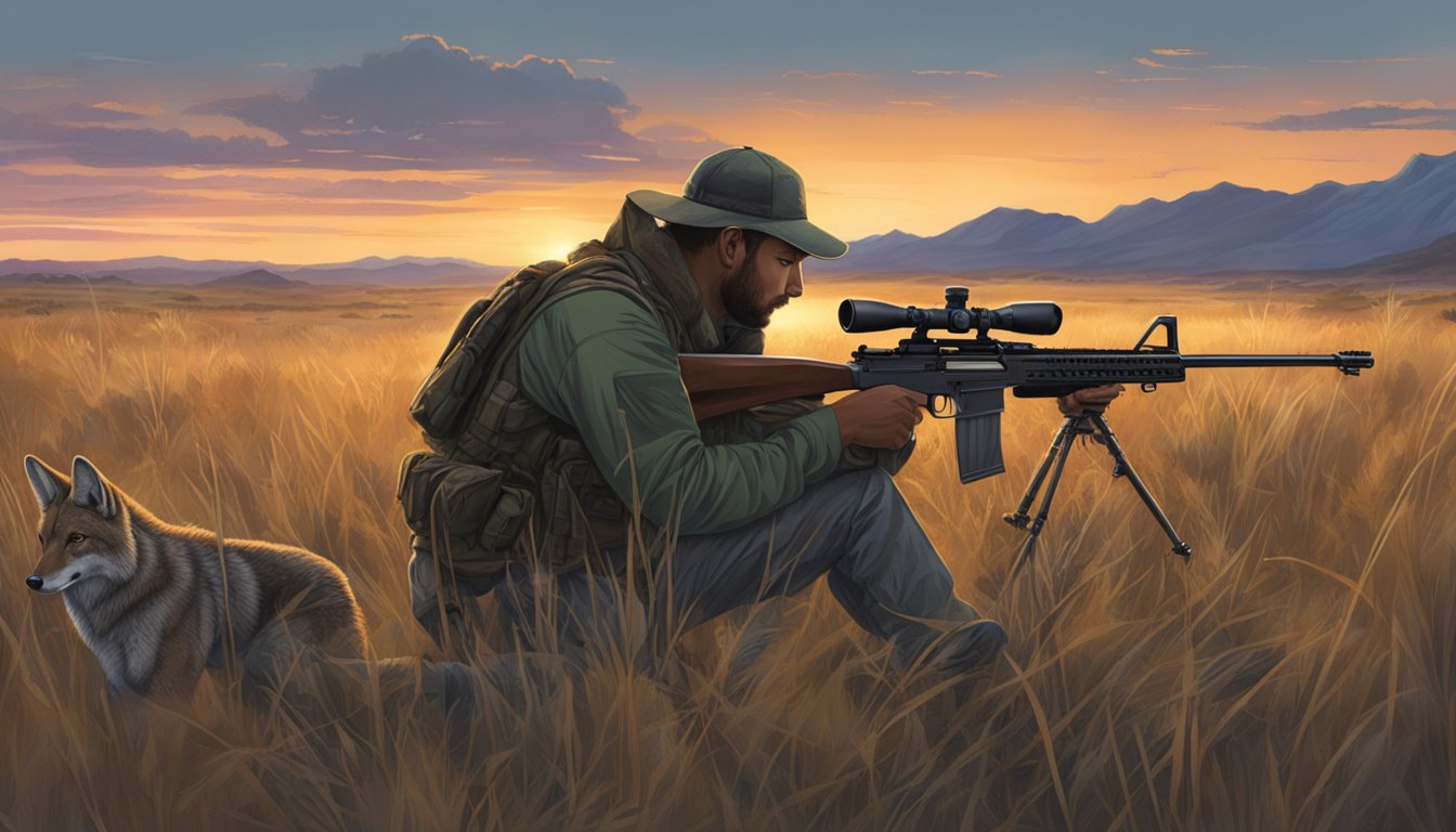 A hunter setting up a high-powered rifle in a grassy field at dusk, with a pack of coyotes in the distance