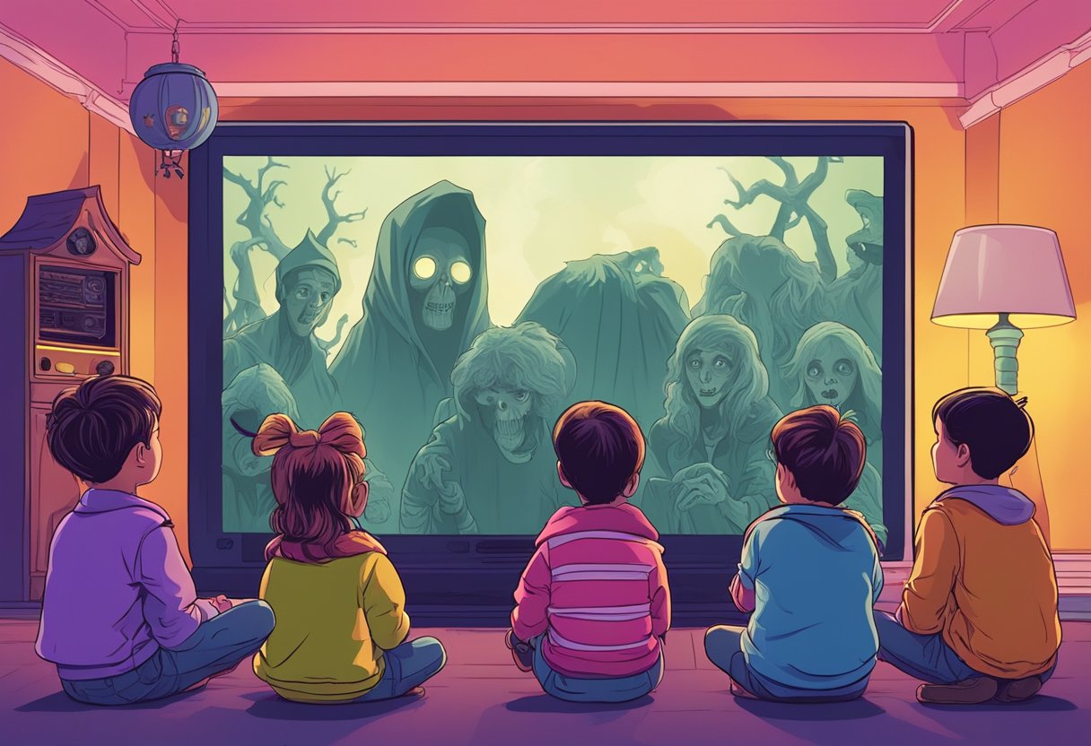 A group of kids in costume watch a classic 80s horror movie on a big screen surrounded by spooky decorations