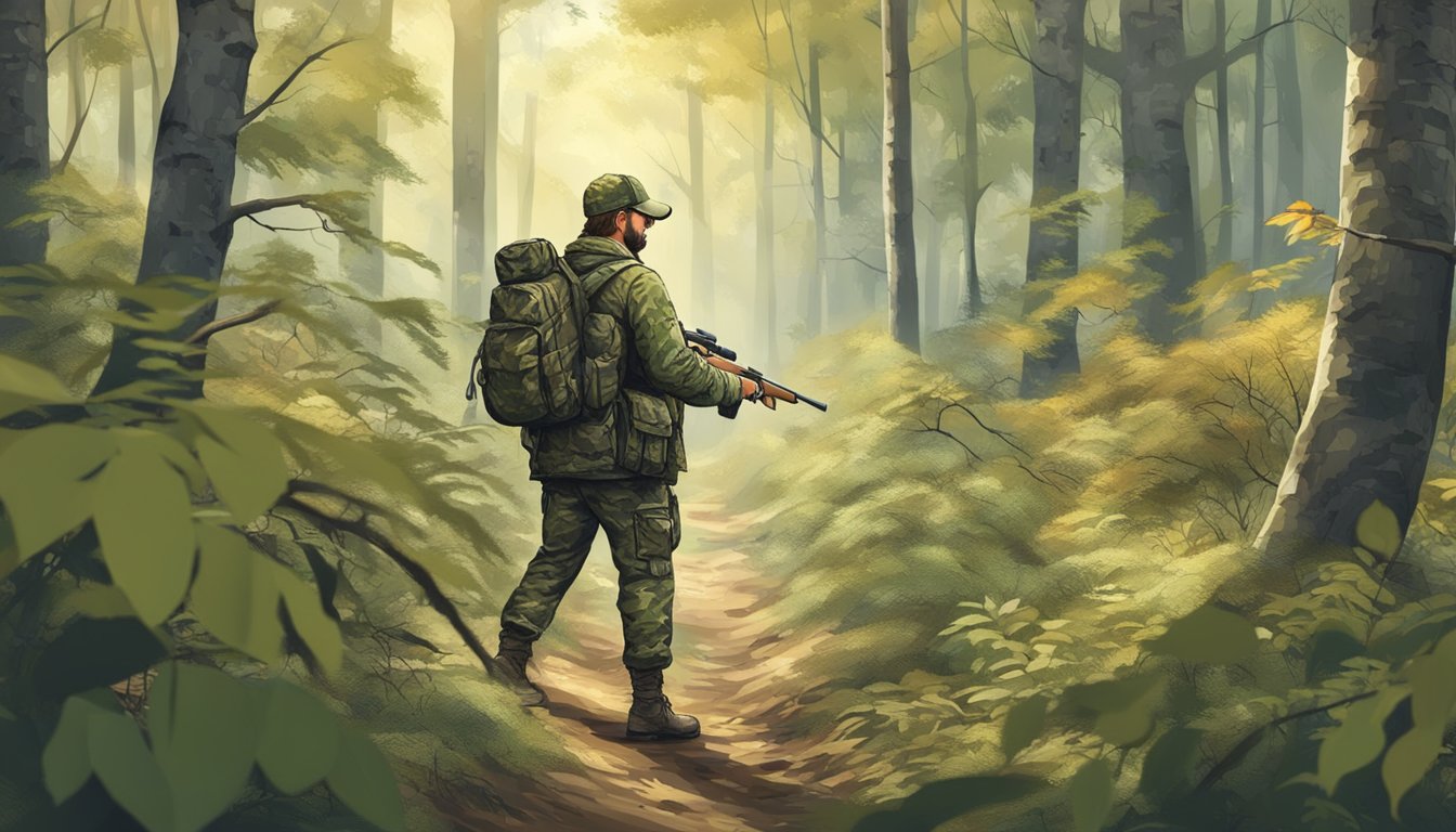 A hunter in camouflage with a rifle and binoculars, stalking through a forest with dense foliage and large game tracks on the ground