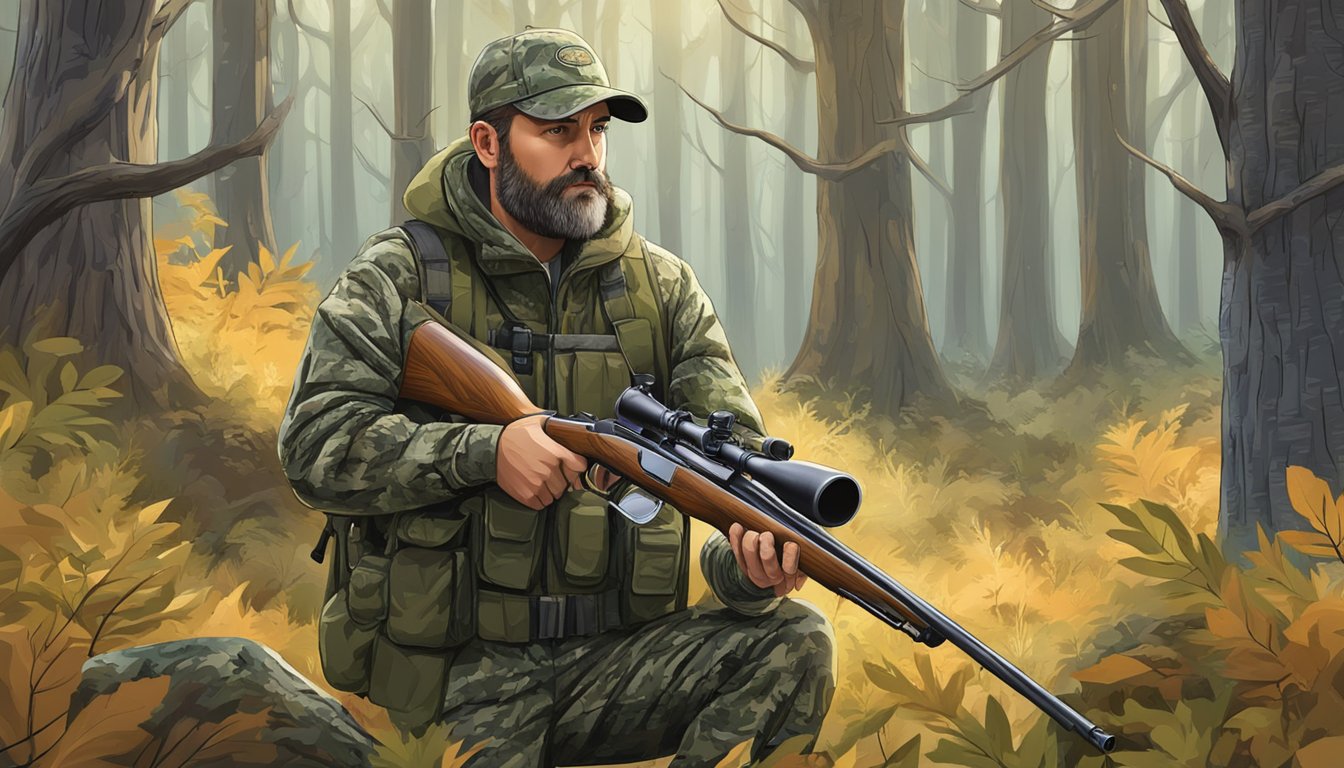 A hunter in camouflage gear holds a muzzleloader rifle, surrounded by trees and bushes in a forest clearing