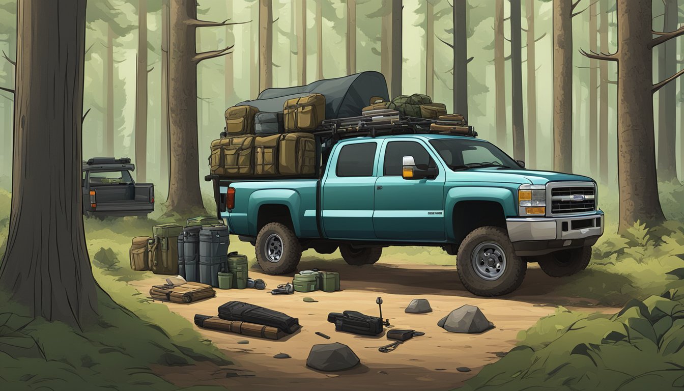 A hunter's truck parked in a forest clearing, loaded with gear and rifles. Maps and hunting permits spread out on the hood