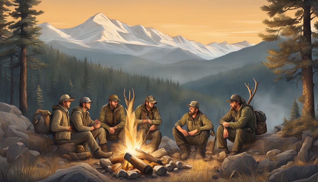 A group of hunters gather around a campfire, surrounded by forest and mountains, with big game trophies displayed nearby