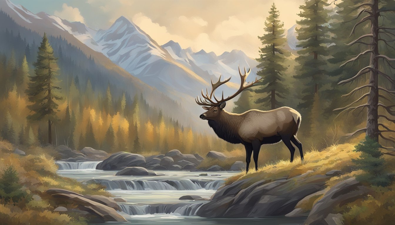 A hunter in camouflage aims a rifle at a majestic elk in a forest clearing, surrounded by mountains and a rushing river